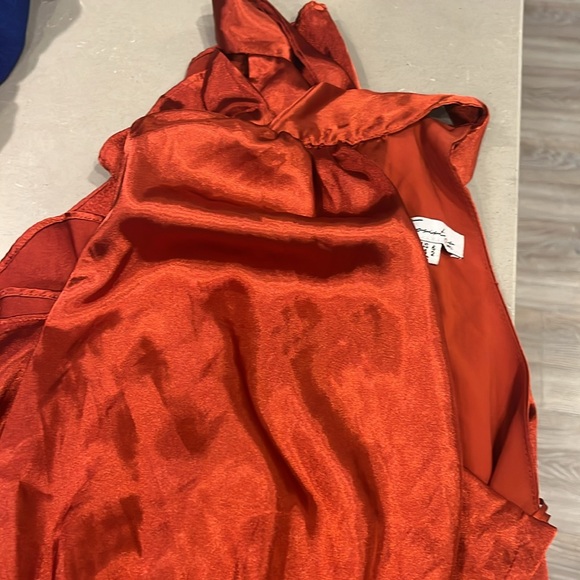 Red Satin Two Sisters Halter Neck Midi Ruffle Dress - Picture 4 of 5